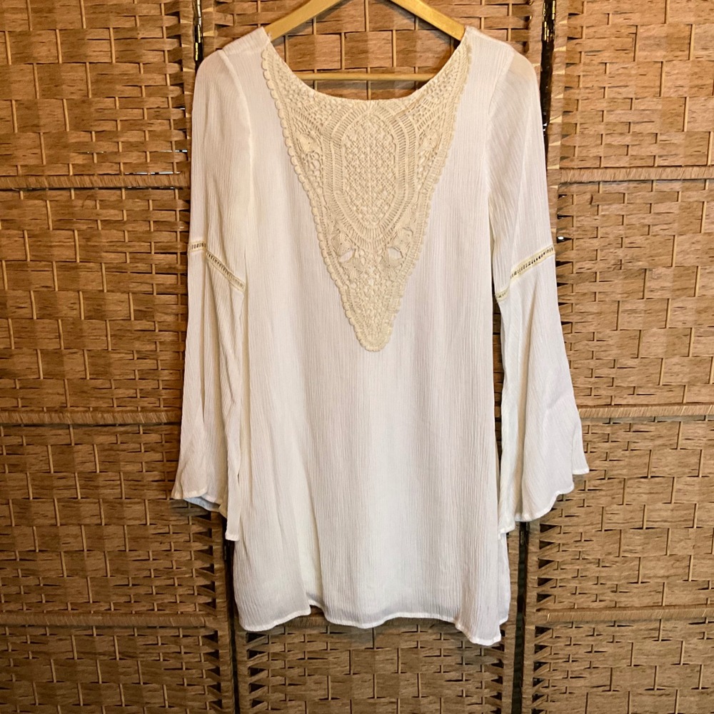 Altard State White‎ Crochet Lace Bell Sleeve Tunic Dress Size S Boho